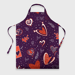 Фартук кулинарный Красно-белые сердечки и слово love на темно фиолет, цвет: 3D-принт