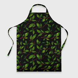 Фартук кулинарный Яркие зеленые листья на черном фоне, цвет: 3D-принт