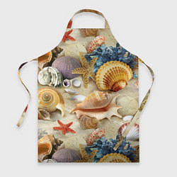 Фартук кулинарный Морские раковины, кораллы, морские звёзды на песке, цвет: 3D-принт