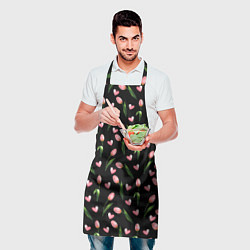 Фартук кулинарный Тюльпаны и сердечки на черном - паттерн, цвет: 3D-принт — фото 2