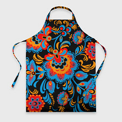 Фартук кулинарный Хохломская роспись разноцветные цветы на чёроном ф, цвет: 3D-принт
