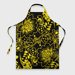 Фартук кулинарный Хохломская роспись золотые цветы на чёроном фоне, цвет: 3D-принт