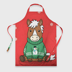 Фартук кулинарный Новогодняя лошадка в зеленом свитере, цвет: 3D-принт