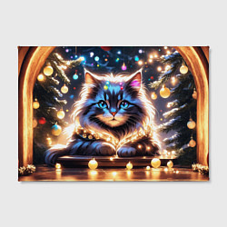 Холст прямоугольный Кот с гирляндой среди новогодних украшений, цвет: 3D-принт — фото 2