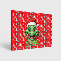 Холст прямоугольный Зеленый новогодний дракон на красном фоне, цвет: 3D-принт