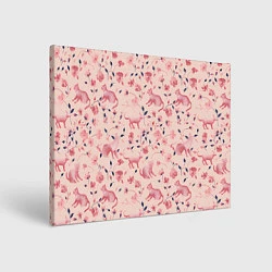 Холст прямоугольный Розовый паттерн с цветами и котиками, цвет: 3D-принт