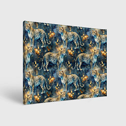 Холст прямоугольный Леопард и золотые капли на синем фоне, цвет: 3D-принт