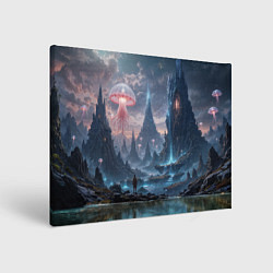 Холст прямоугольный Фантастический мир с медузами и озеро у гор, цвет: 3D-принт