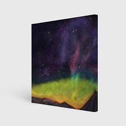 Холст квадратный Горный пейзаж со звёздным небом и северным сиянием, цвет: 3D-принт