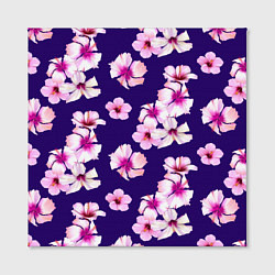 Холст квадратный Цветы Розовые Гибискус На Синем Фоне, цвет: 3D-принт — фото 2