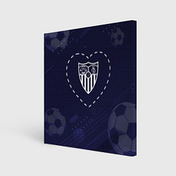 Холст квадратный Лого Sevilla в сердечке на фоне мячей, цвет: 3D-принт