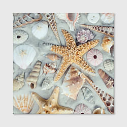 Холст квадратный Морские звёзды и ракушки на океанском песке, цвет: 3D-принт — фото 2