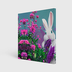Холст квадратный Голубоглазый кролик в цветах, цвет: 3D-принт
