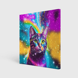 Холст квадратный Полосатый кот с разноцветной звездной туманностью, цвет: 3D-принт