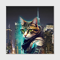 Холст квадратный Котяра в стиле киберпанк на фоне ночного города, цвет: 3D-принт — фото 2