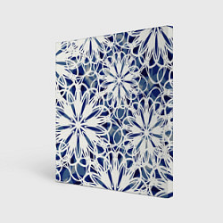Холст квадратный Стилизованные цветы абстракция синее-белый, цвет: 3D-принт