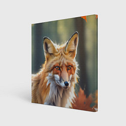 Холст квадратный Портрет лисы с осенними листьями, цвет: 3D-принт