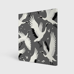 Холст квадратный Стая белых журавлей в небе - японский орнамент, цвет: 3D-принт