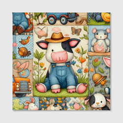 Холст квадратный Прикольный телёнок и его друзья - пэчворк, цвет: 3D-принт — фото 2
