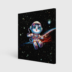 Холст квадратный Котёнок космонавт в открытом космосе, цвет: 3D-принт