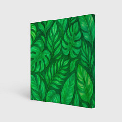 Холст квадратный Тропические листья на зеленом фоне акварель, цвет: 3D-принт