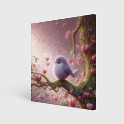 Холст квадратный Маленькая фиолетовая птица с сердечками и цветами, цвет: 3D-принт