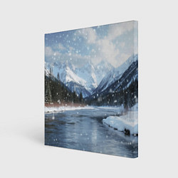 Холст квадратный Снежный горный пейзаж с елями и рекой, цвет: 3D-принт