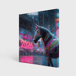 Холст квадратный Лошадка новогодняя в стиле киберпанк, цвет: 3D-принт