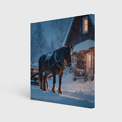 Холст квадратный Лошадь у избы, цвет: 3D-принт