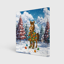 Холст квадратный Новогодняя лошадь в гирлянде, цвет: 3D-принт