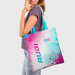 Сумка-шопер Audi neon gradient style: символ и надпись вертика, цвет: 3D-принт — фото 2