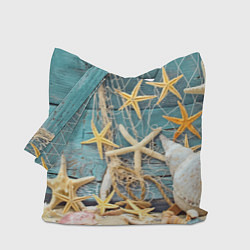 Сумка-шопер Натюрморт из сети, морских звёзд и ракушек - лето, цвет: 3D-принт