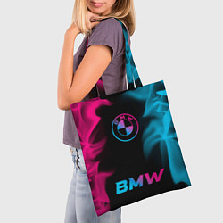 Сумка-шопер BMW - neon gradient: символ сверху надпись снизу, цвет: 3D-принт — фото 2