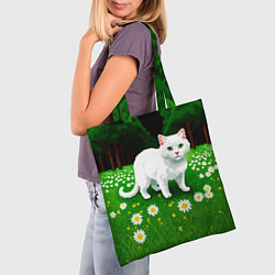 Сумка-шопер Белый кот на лугу пиксель арт, цвет: 3D-принт — фото 2