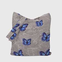 Сумка-шопер Газетные обрывки и синие бабочки, цвет: 3D-принт
