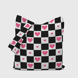 Сумка-шопер Розовые сердечки на фоне шахматной черно-белой дос, цвет: 3D-принт