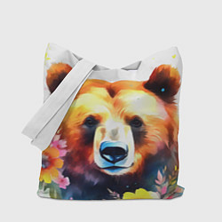 Сумка-шопер Морда медведя гризли с цветами акварелью, цвет: 3D-принт