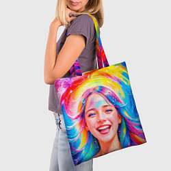 Сумка-шопер Девушка с красочными волосами в каплях воды, цвет: 3D-принт — фото 2