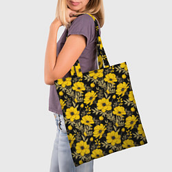 Сумка-шопер Желтые цветы на черном фоне паттерн, цвет: 3D-принт — фото 2