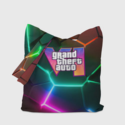 Сумка-шопер GTA 6 лого на фоне разлома разноцветных плит, цвет: 3D-принт