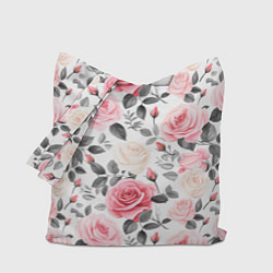 Сумка-шопер Розовые розы и серые листочки - паттерн, цвет: 3D-принт