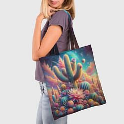 Сумка-шопер Кактусы цветущие под космическим небом, цвет: 3D-принт — фото 2