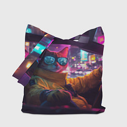 Сумка-шопер Киберпанк - кот за рулем авто, цвет: 3D-принт