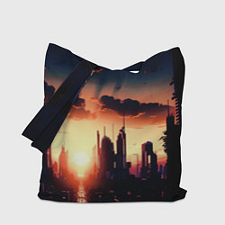 Сумка-шопер Пейзаж город будущего закат, цвет: 3D-принт