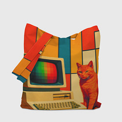 Сумка-шопер Кот и винтажный компьютер ретрофутуризм поп-арт 19, цвет: 3D-принт