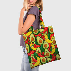 Сумка-шопер Авокадо, бананы, перцы чили улыбаются - паттерн фр, цвет: 3D-принт — фото 2