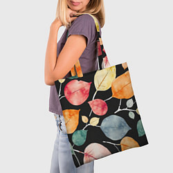 Сумка-шопер Разноцветные акварельные листья на чёрном, AI, цвет: 3D-принт — фото 2