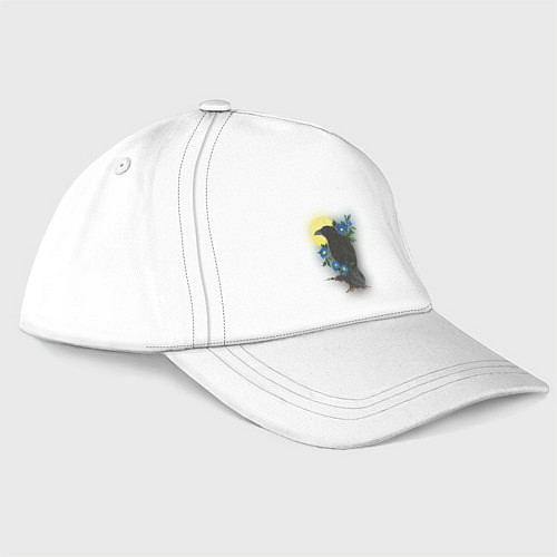 Бейсболка Чёрный ворон на ветке под луной среди синих цветов / Белый – фото 3