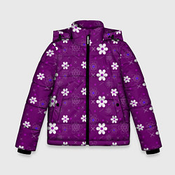 Куртка зимняя для мальчика Узор цветы на фиолетовом фоне, цвет: 3D-черный