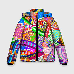 Зимняя куртка для мальчика Разноцветные яркие рыбки на абстрактном цветном фо